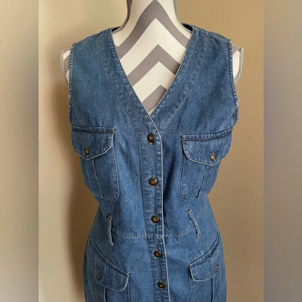 Denim Sleeveless Button Down Dress - 100% Cotton - Size: Large - Picture 2 of 9